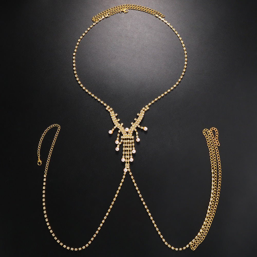Gold Alloy Women's Body Chain With Pearl Pattern And Electroplated Finish, Featuring Rhinestones, Elegant Chest Jewelry