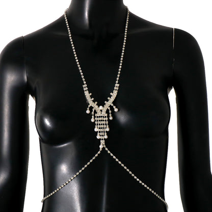 Gold Alloy Women's Body Chain With Pearl Pattern And Electroplated Finish, Featuring Rhinestones, Elegant Chest Jewelry