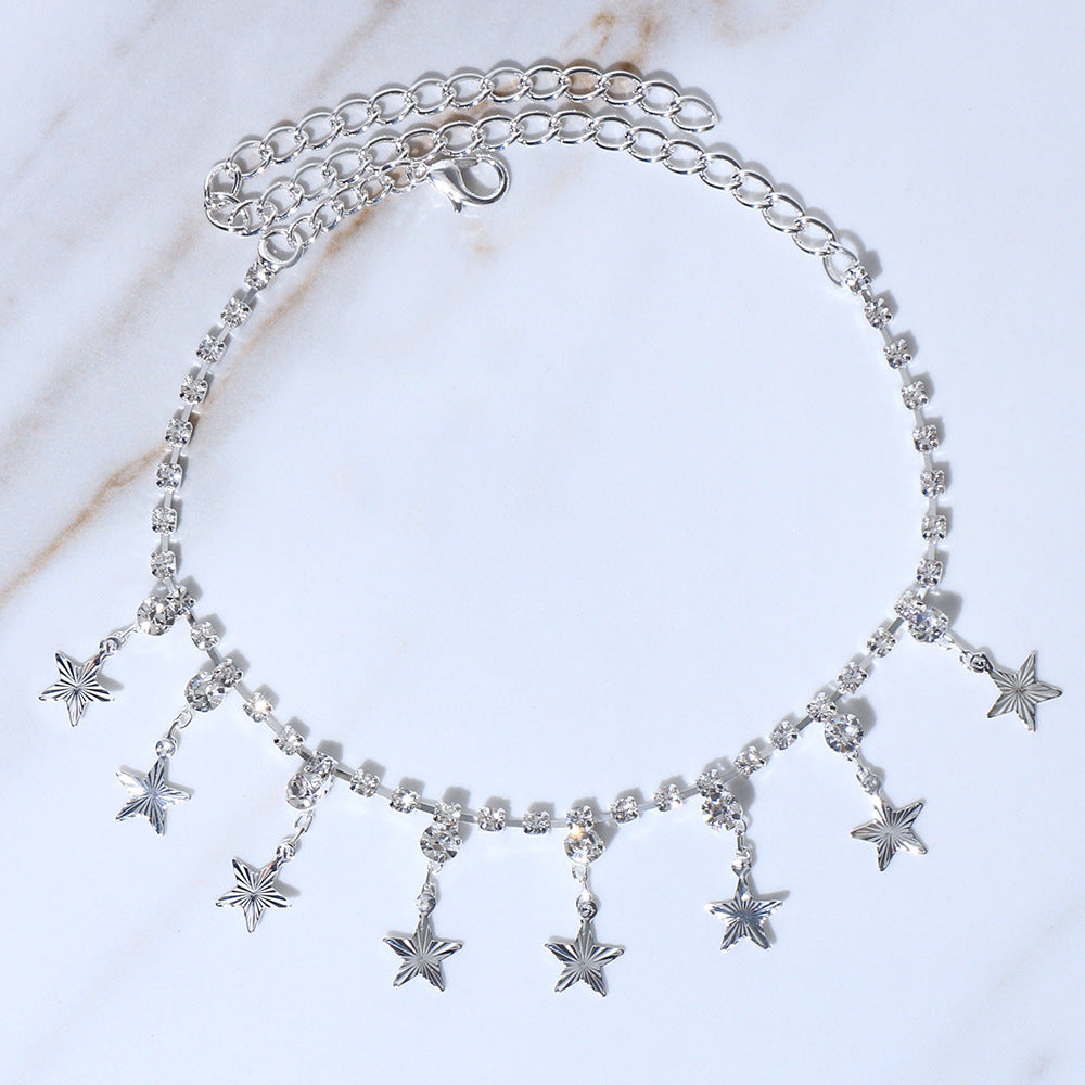 Silver Alloy Tassel Anklet For Women In Ethnic Style Featuring Pentagram Pattern And Rhinestone Inlay