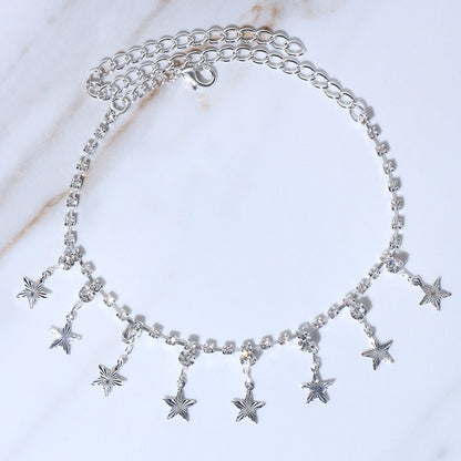 Silver Alloy Tassel Anklet For Women In Ethnic Style Featuring Pentagram Pattern And Rhinestone Inlay
