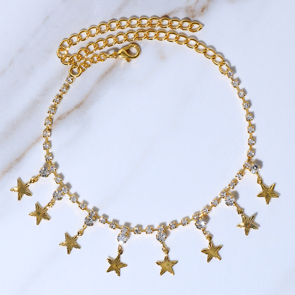 Silver Alloy Tassel Anklet For Women In Ethnic Style Featuring Pentagram Pattern And Rhinestone Inlay