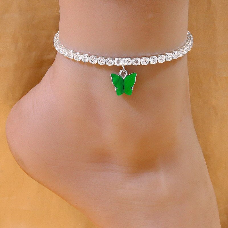 Silver Alloy Women's Anklet With Rhinestones Featuring Butterfly Design, Perfect For Beach Wear