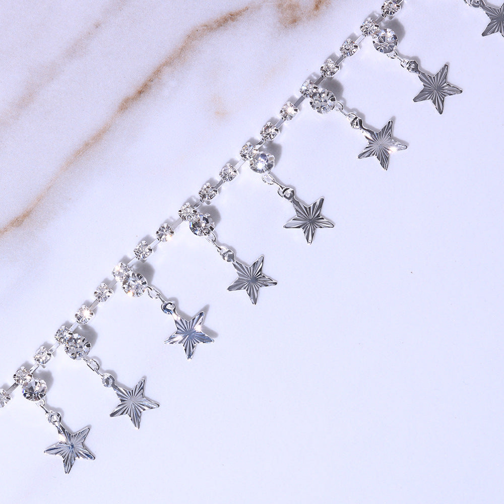 Silver Alloy Tassel Anklet For Women In Ethnic Style Featuring Pentagram Pattern And Rhinestone Inlay