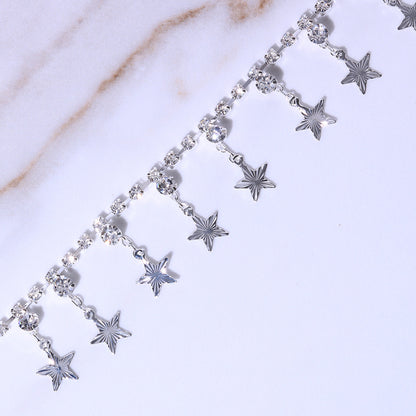 Silver Alloy Tassel Anklet For Women In Ethnic Style Featuring Pentagram Pattern And Rhinestone Inlay
