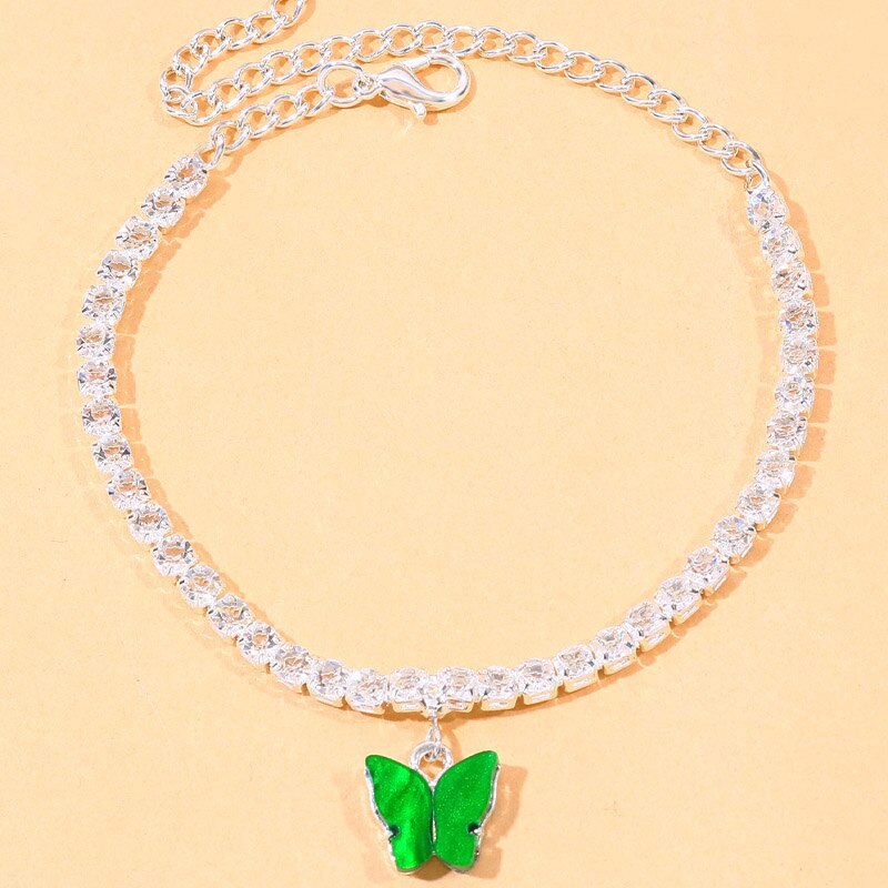 Silver Alloy Women's Anklet With Rhinestones Featuring Butterfly Design, Perfect For Beach Wear