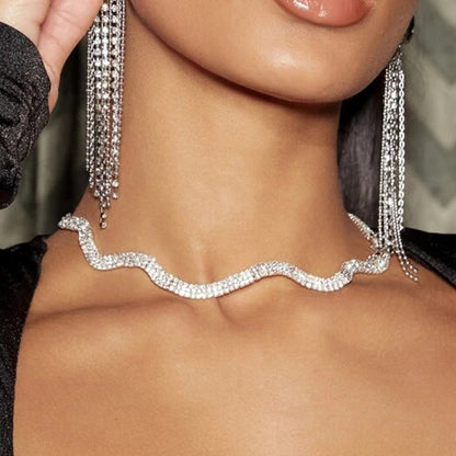 Waves Silver Necklace For Women Featuring Alloy Chain Material With Electroplated Finish And Crystal Inlay