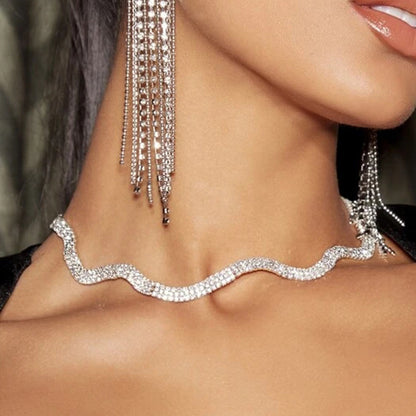Waves Silver Necklace For Women Featuring Alloy Chain Material With Electroplated Finish And Crystal Inlay
