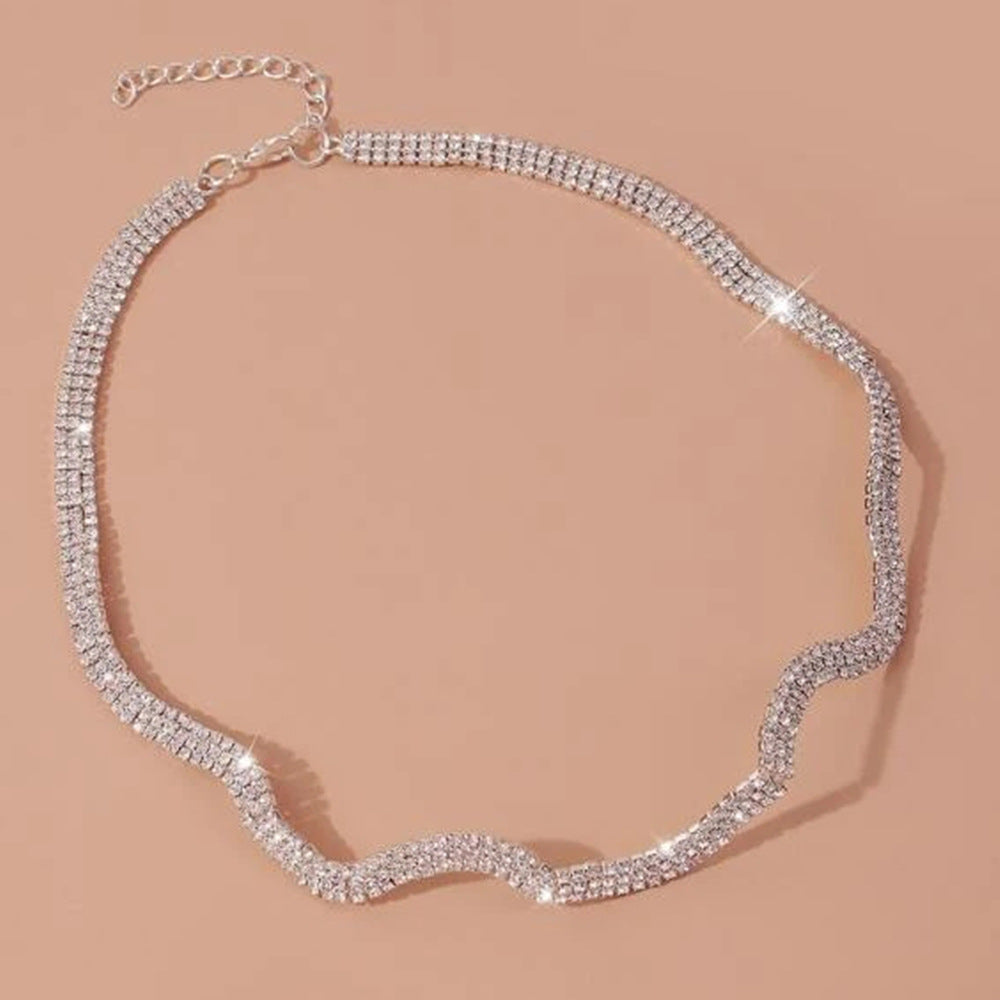 Waves Silver Necklace For Women Featuring Alloy Chain Material With Electroplated Finish And Crystal Inlay