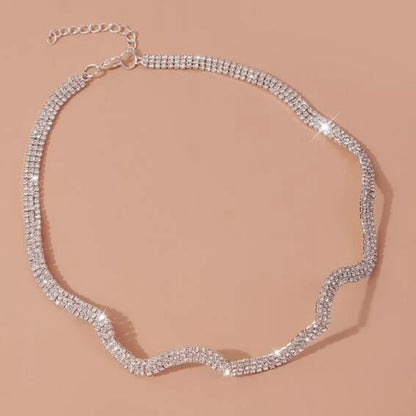 Waves Silver Necklace For Women Featuring Alloy Chain Material With Electroplated Finish And Crystal Inlay