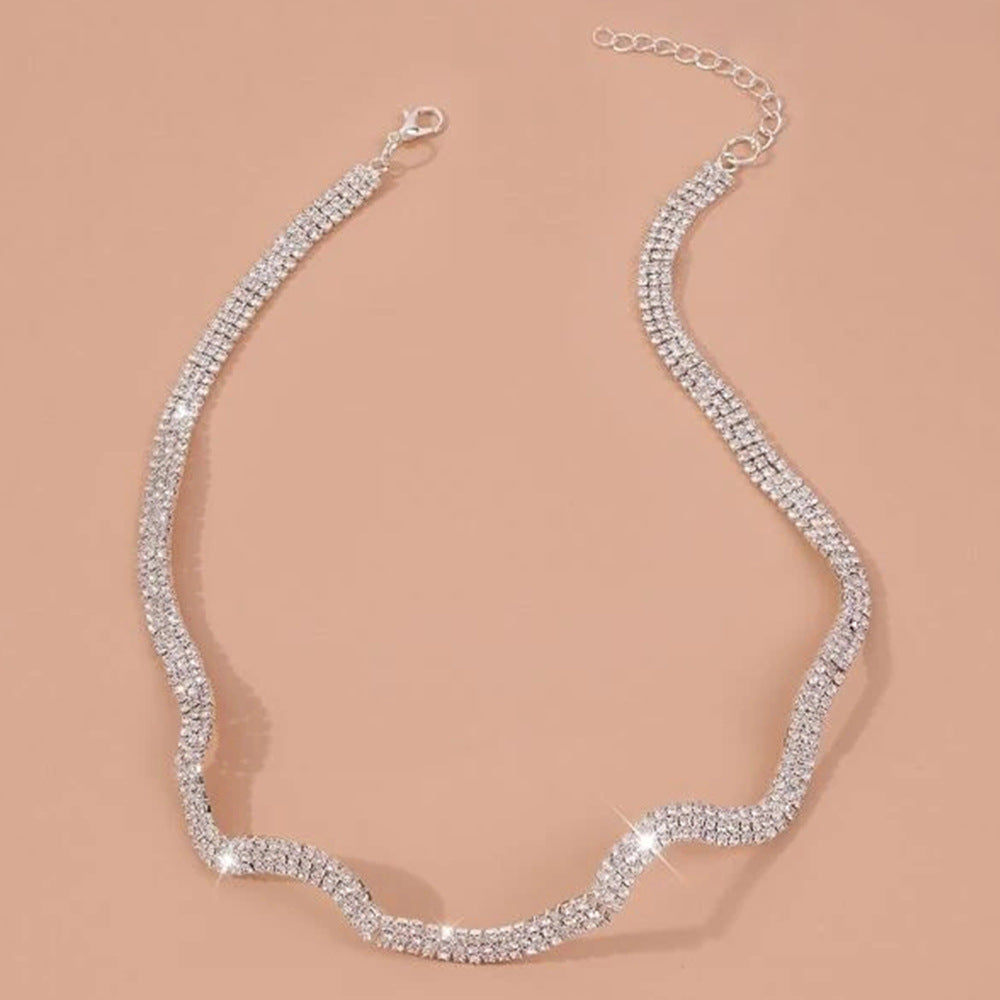 Waves Silver Necklace For Women Featuring Alloy Chain Material With Electroplated Finish And Crystal Inlay