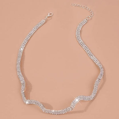 Waves Silver Necklace For Women Featuring Alloy Chain Material With Electroplated Finish And Crystal Inlay