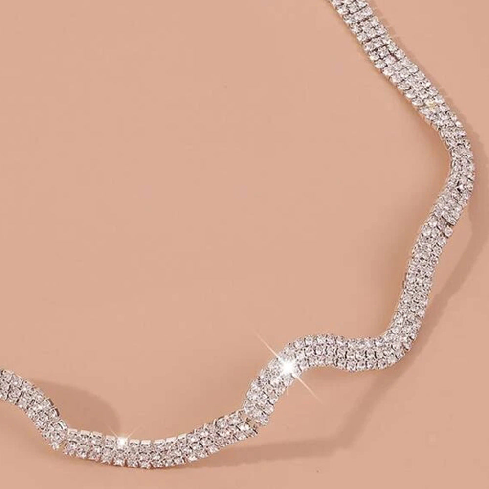 Waves Silver Necklace For Women Featuring Alloy Chain Material With Electroplated Finish And Crystal Inlay