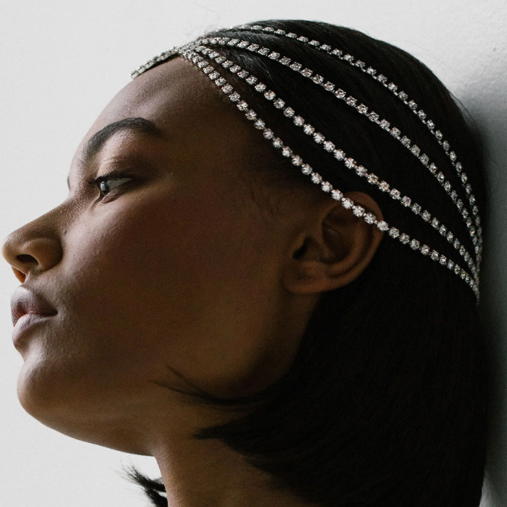 Shiny Geometric Hair Chain For Women In Gold Featuring Rhinestones, Elegant Hair Accessory