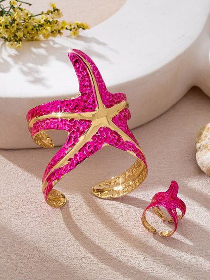 Starfish Jewelry Set For Women In Marine Style, KC Golden Plated Alloy With 0.03µm Thickness Featuring Enamel Craft