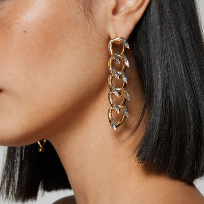 Geometric Hip-Hop Stud Earrings For Women In Silver Alloy With Rhinestones