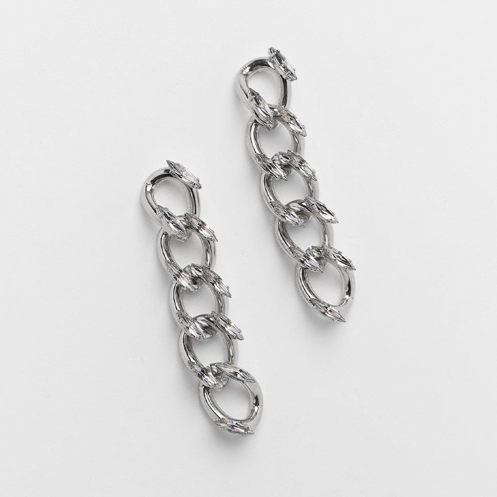 Geometric Hip-Hop Stud Earrings For Women In Silver Alloy With Rhinestones