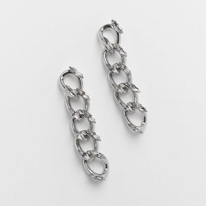 Geometric Hip-Hop Stud Earrings For Women In Silver Alloy With Rhinestones
