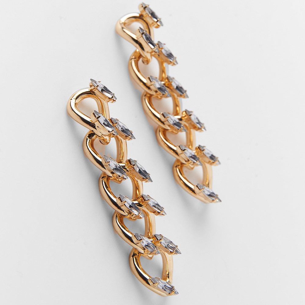 Geometric Hip-Hop Stud Earrings For Women In Silver Alloy With Rhinestones