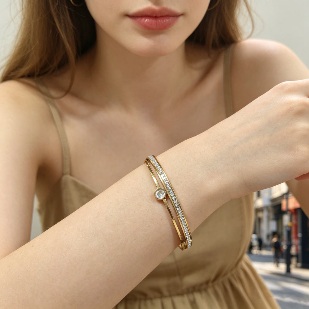 Color Block Waterproof Non Tarnish 304 Stainless Steel Bangle With Zircon Inlay, Simple Style For Women