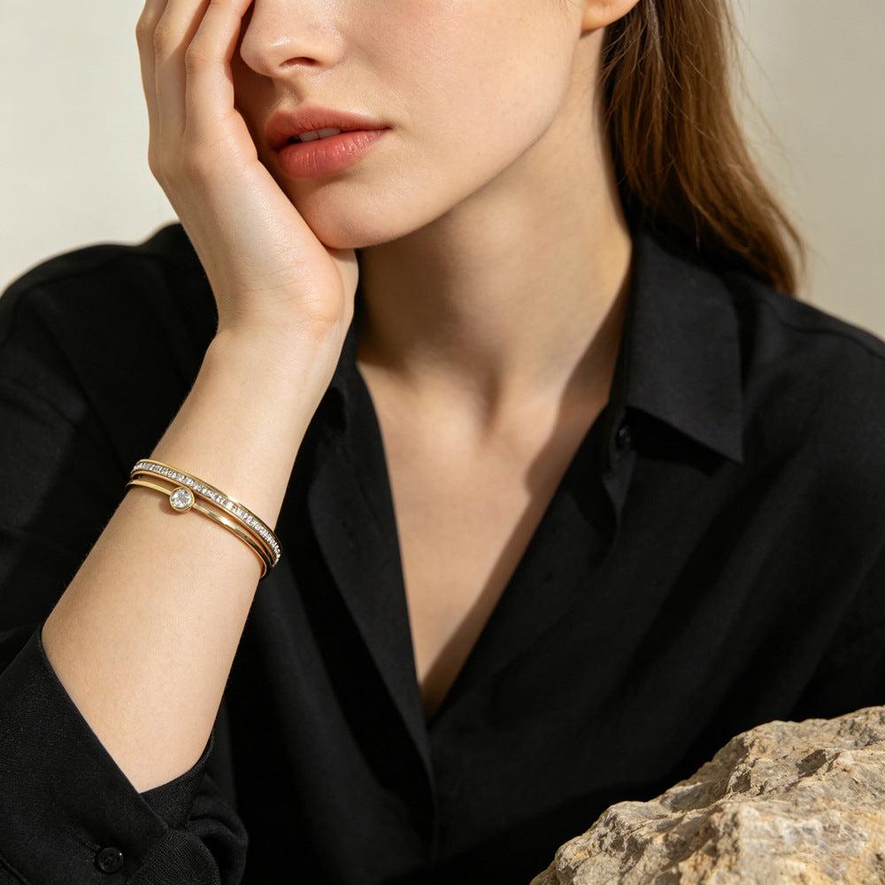 Color Block Waterproof Non Tarnish 304 Stainless Steel Bangle With Zircon Inlay, Simple Style For Women