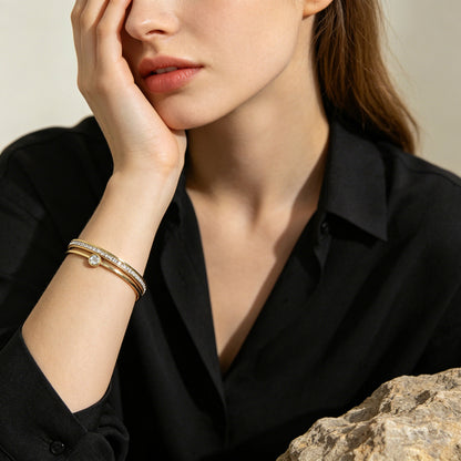 Color Block Waterproof Non Tarnish 304 Stainless Steel Bangle With Zircon Inlay, Simple Style For Women