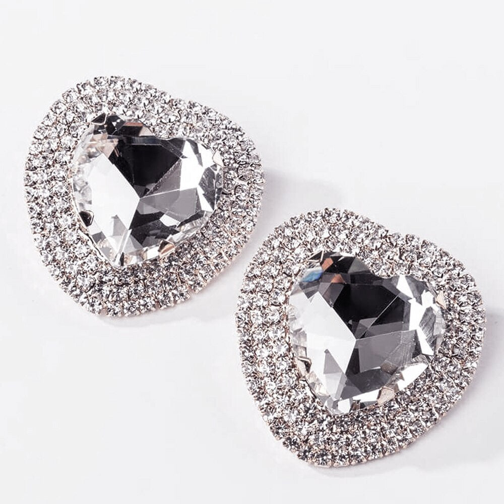 Heart Shape Silver Alloy Earrings With Rhinestones Featuring Electroplated Finish