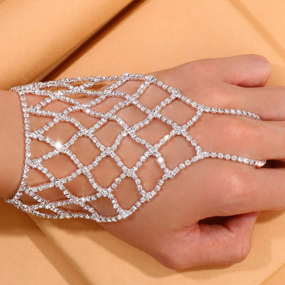 Ethnic Style Silver Alloy Hand Chain Bracelet With Rhinestones, Designed For Women