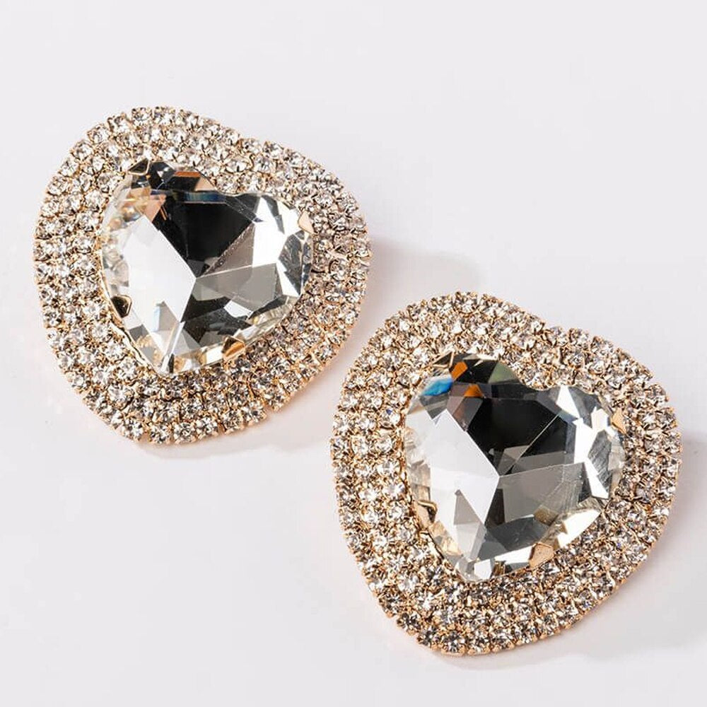 Heart Shape Silver Alloy Earrings With Rhinestones Featuring Electroplated Finish