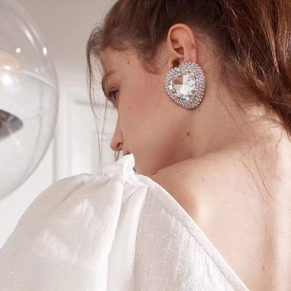 Heart Shape Silver Alloy Earrings With Rhinestones Featuring Electroplated Finish