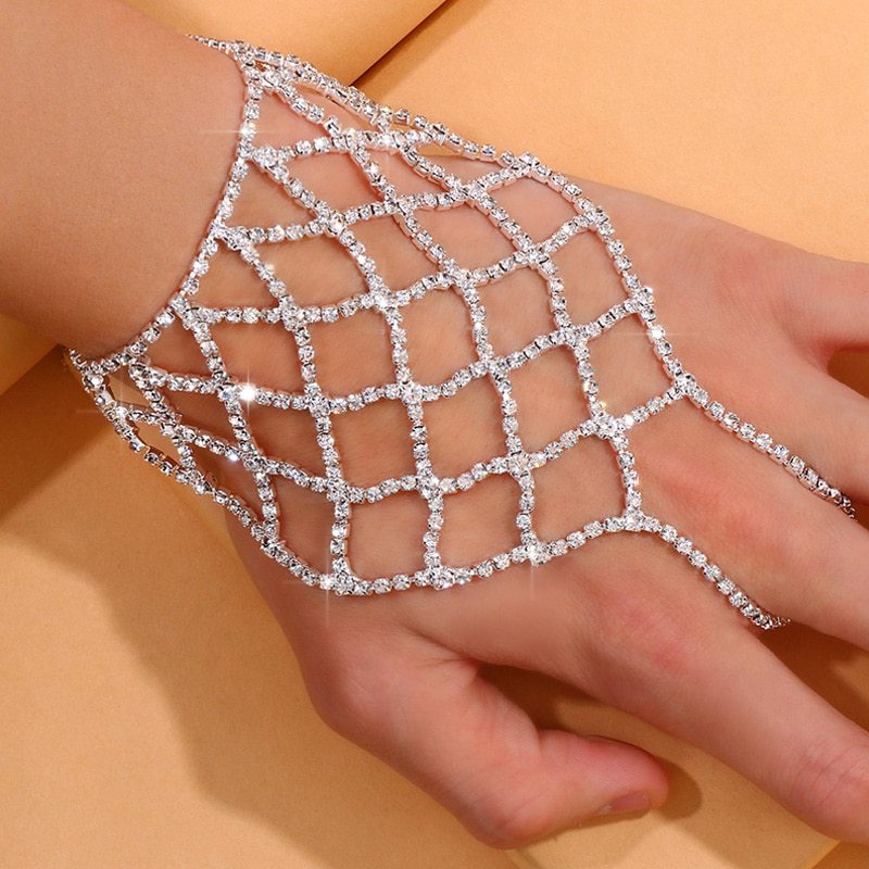 Ethnic Style Silver Alloy Hand Chain Bracelet With Rhinestones, Designed For Women