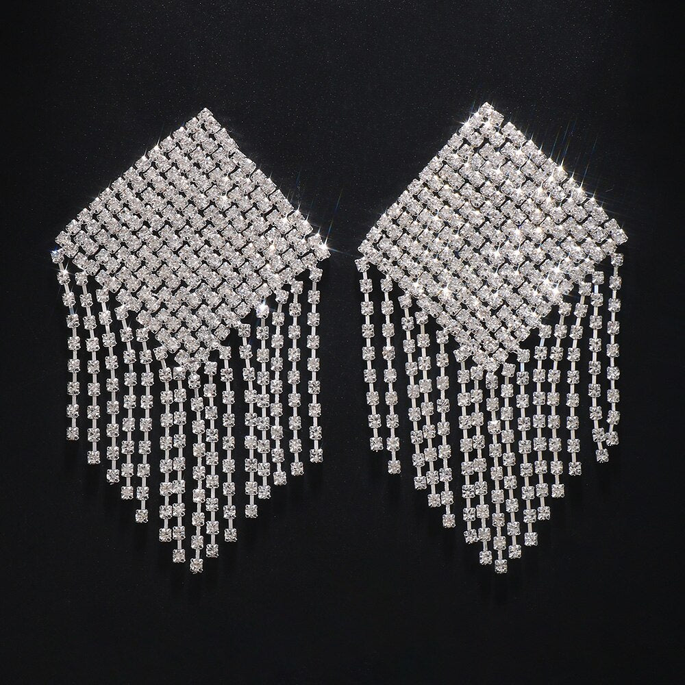 Silver Alloy Women’s Body Chain Tassel With Square Pattern And Electroplated Finish, Featuring Rhinestones