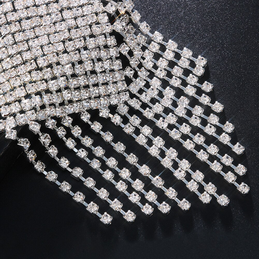 Silver Alloy Women’s Body Chain Tassel With Square Pattern And Electroplated Finish, Featuring Rhinestones