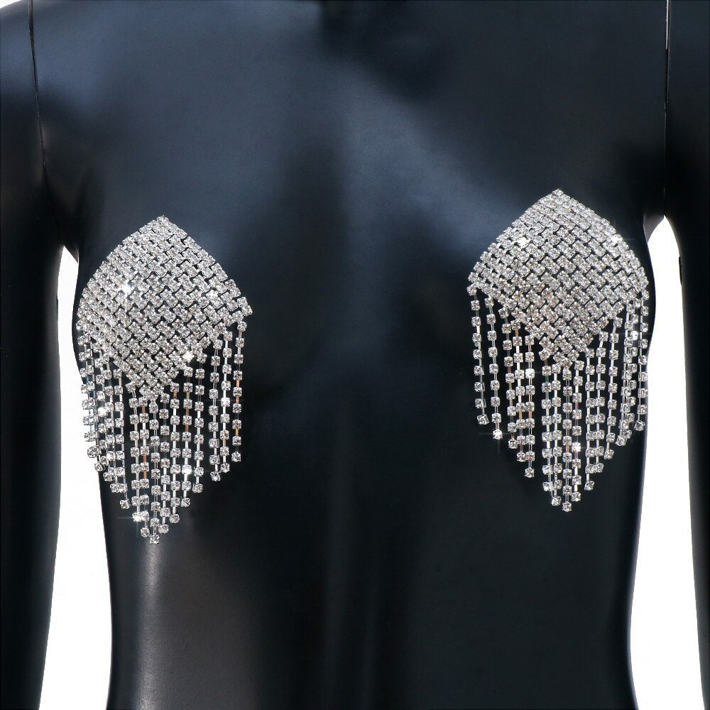 Silver Alloy Women’s Body Chain Tassel With Square Pattern And Electroplated Finish, Featuring Rhinestones