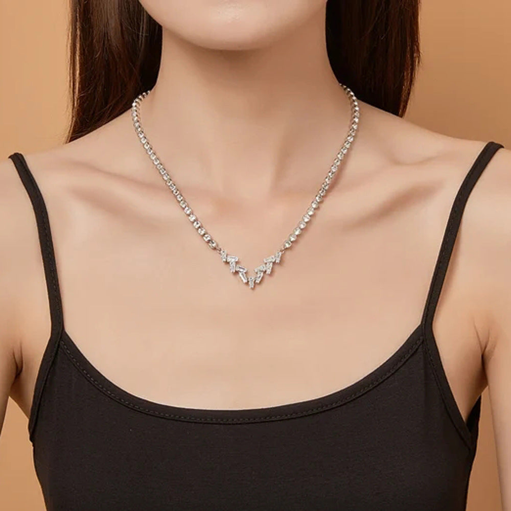 Silver V Shape Necklace For Women With Electroplated Alloy Chain And Rhinestones Inlay Featuring Zircon Accents
