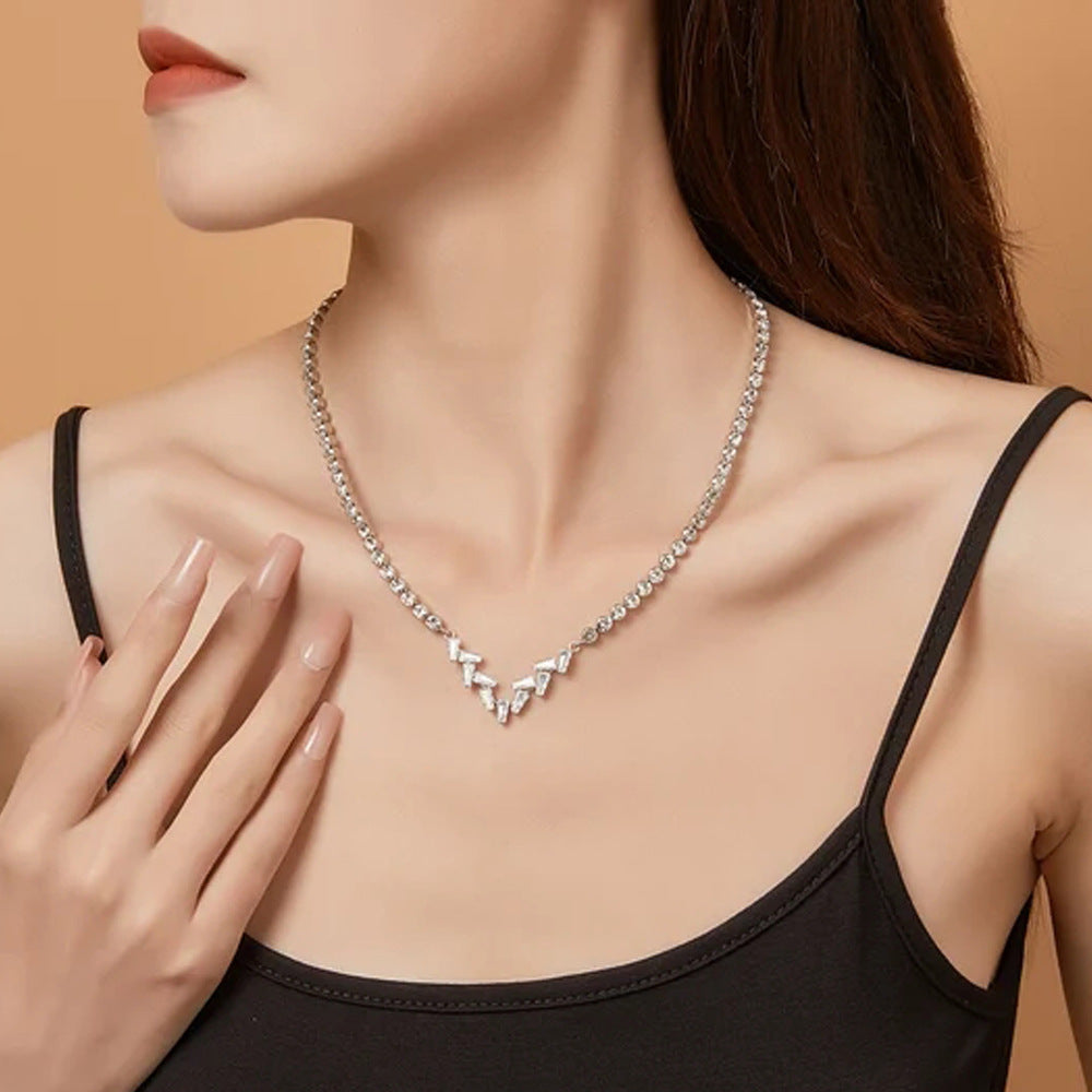 Silver V Shape Necklace For Women With Electroplated Alloy Chain And Rhinestones Inlay Featuring Zircon Accents