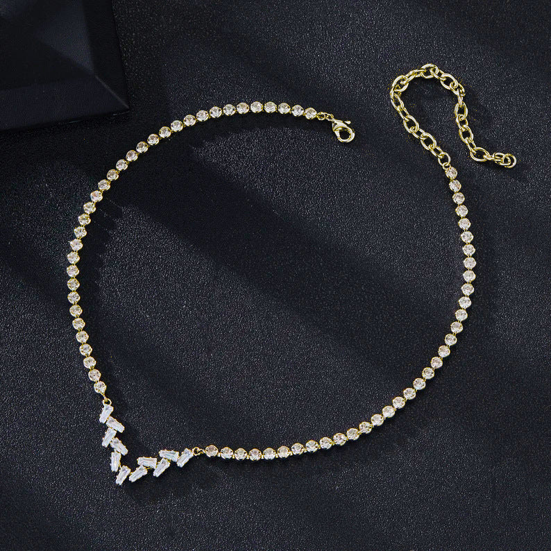 Silver V Shape Necklace For Women With Electroplated Alloy Chain And Rhinestones Inlay Featuring Zircon Accents