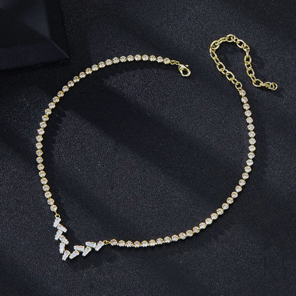 Silver V Shape Necklace For Women With Electroplated Alloy Chain And Rhinestones Inlay Featuring Zircon Accents