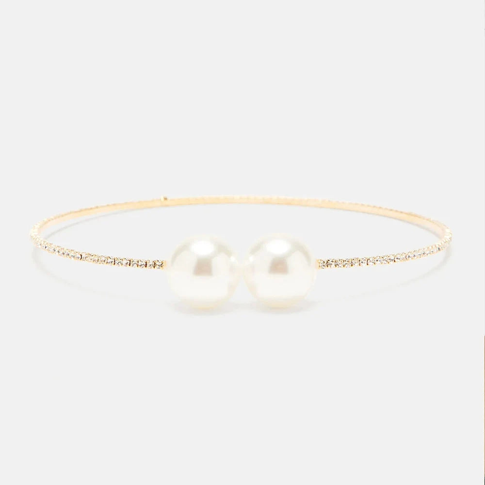 Simple Style Silver Pearl Choker Necklace For Women With Rhinestones Alloy Pendant Material