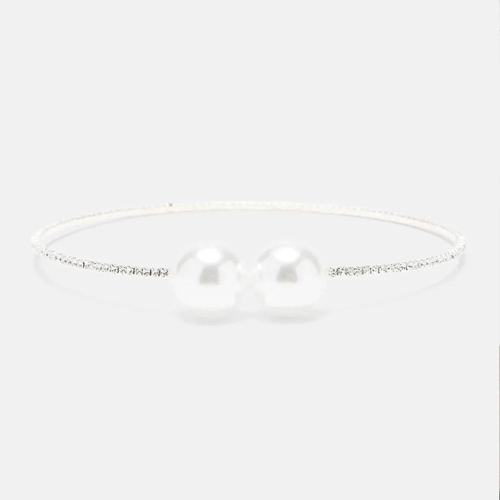 Simple Style Silver Pearl Choker Necklace For Women With Rhinestones Alloy Pendant Material