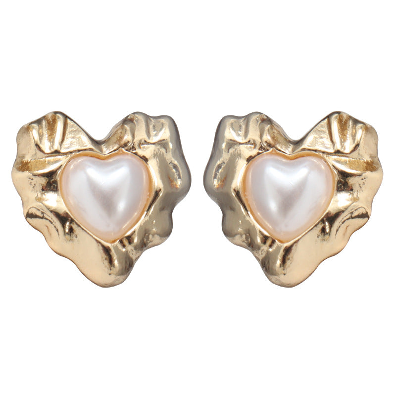 Retro Heart Shape Stud Earrings For Women With Baroque Pearl Inlay, Alloy Material, Electroplated Finish, And 925 Sterling Silver Posts
