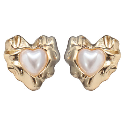 Retro Heart Shape Stud Earrings For Women With Baroque Pearl Inlay, Alloy Material, Electroplated Finish, And 925 Sterling Silver Posts
