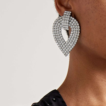 Silver Leaf Clip Earrings For Women, Electroplated Alloy With Rhinestone Inlay