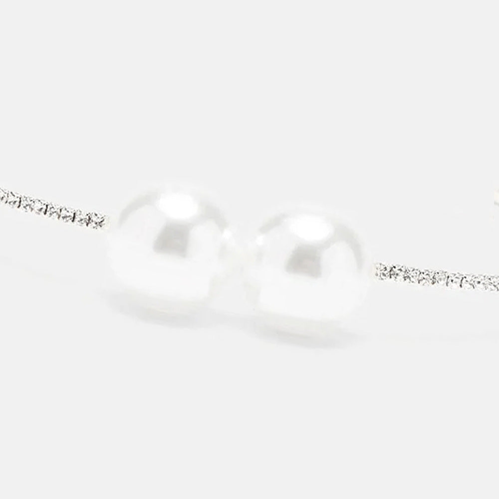 Simple Style Silver Pearl Choker Necklace For Women With Rhinestones Alloy Pendant Material
