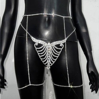 Gold Alloy Body Chain For Women Featuring Butterfly Pattern With Electroplated Copper Plated Finish And Rhinestone Inlay