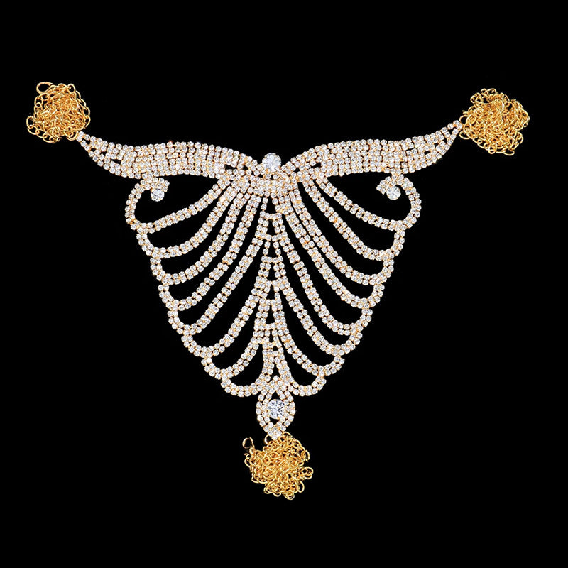 Gold Alloy Body Chain For Women Featuring Butterfly Pattern With Electroplated Copper Plated Finish And Rhinestone Inlay