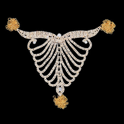 Gold Alloy Body Chain For Women Featuring Butterfly Pattern With Electroplated Copper Plated Finish And Rhinestone Inlay