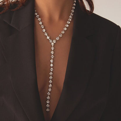 Silver Alloy Tassel Choker Necklace With Rhinestone Pendant For Women