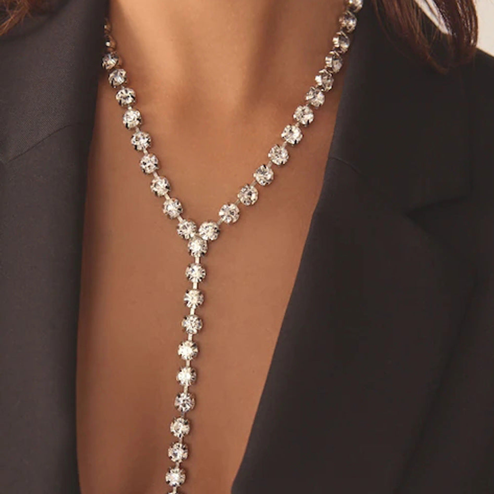 Silver Alloy Tassel Choker Necklace With Rhinestone Pendant For Women