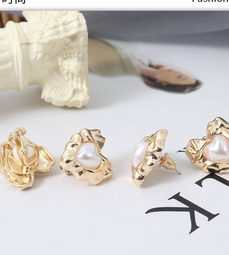 Retro Heart Shape Stud Earrings For Women With Baroque Pearl Inlay, Alloy Material, Electroplated Finish, And 925 Sterling Silver Posts