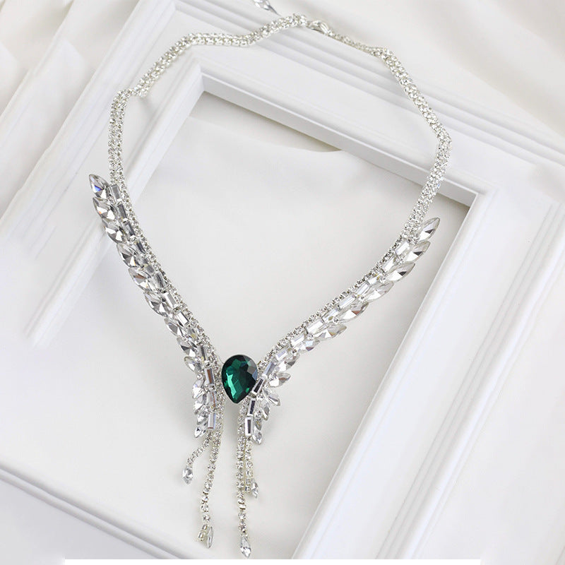 Green Tassel Necklace For Women Featuring Alloy Pendant Material And Rhinestone Inlay